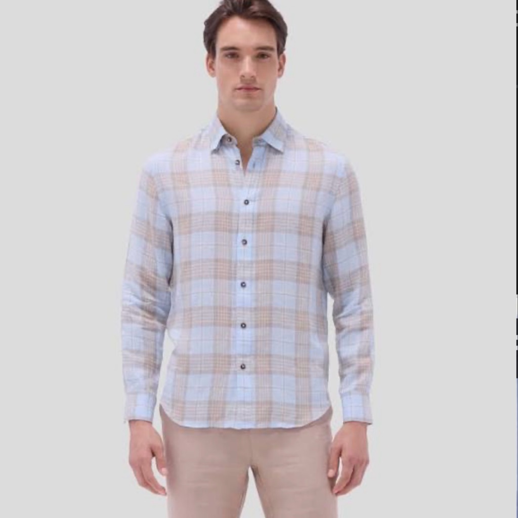 Bugatchi 100% Fine Linen Xl Button-Down Shirt Light Blue And Tan Plaid